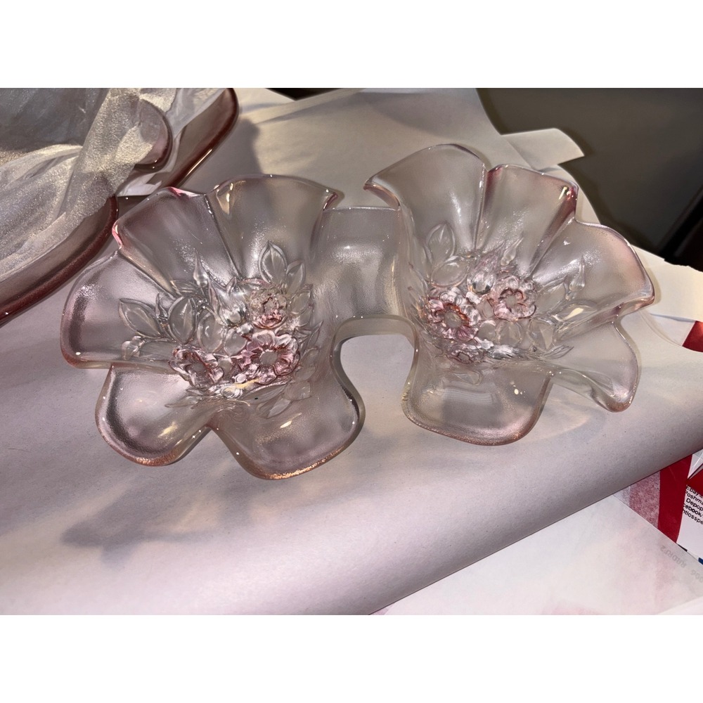 Vintage Frosted Pink Glass Floral Rose Serving Set Platter Tray Double Dish 3pc